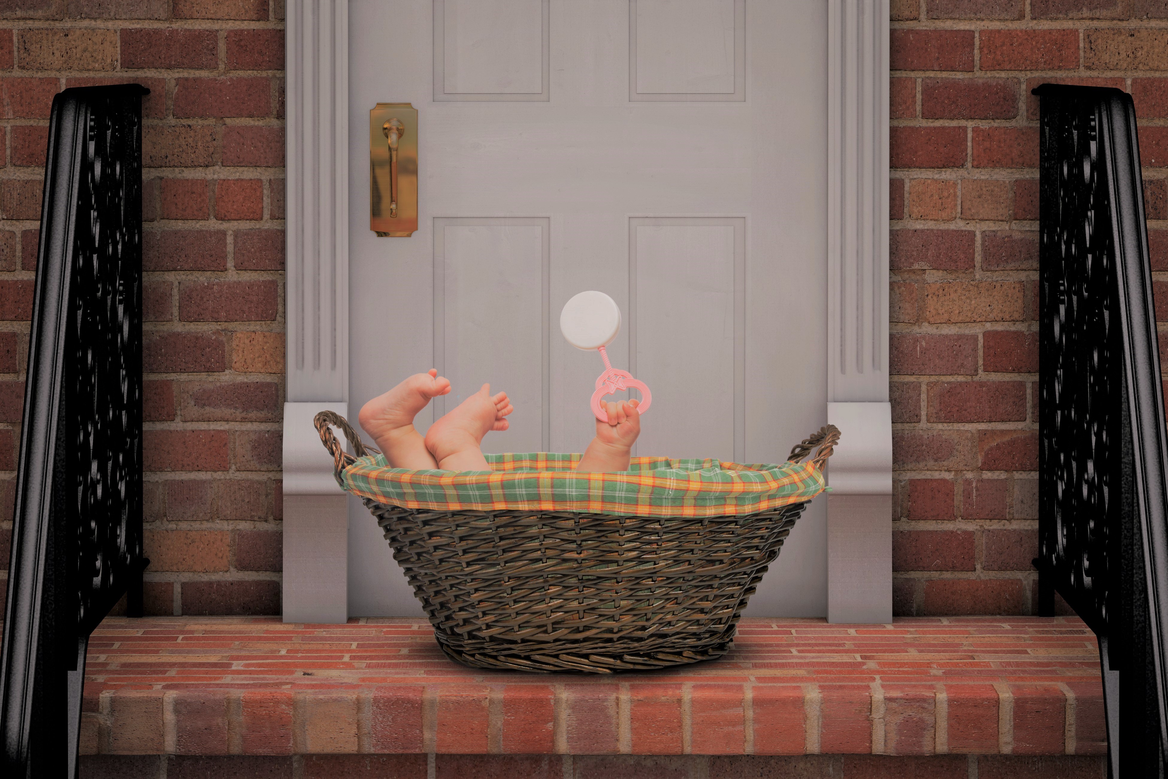 Baby Holding Pink Rattle In Basket on Doorstep