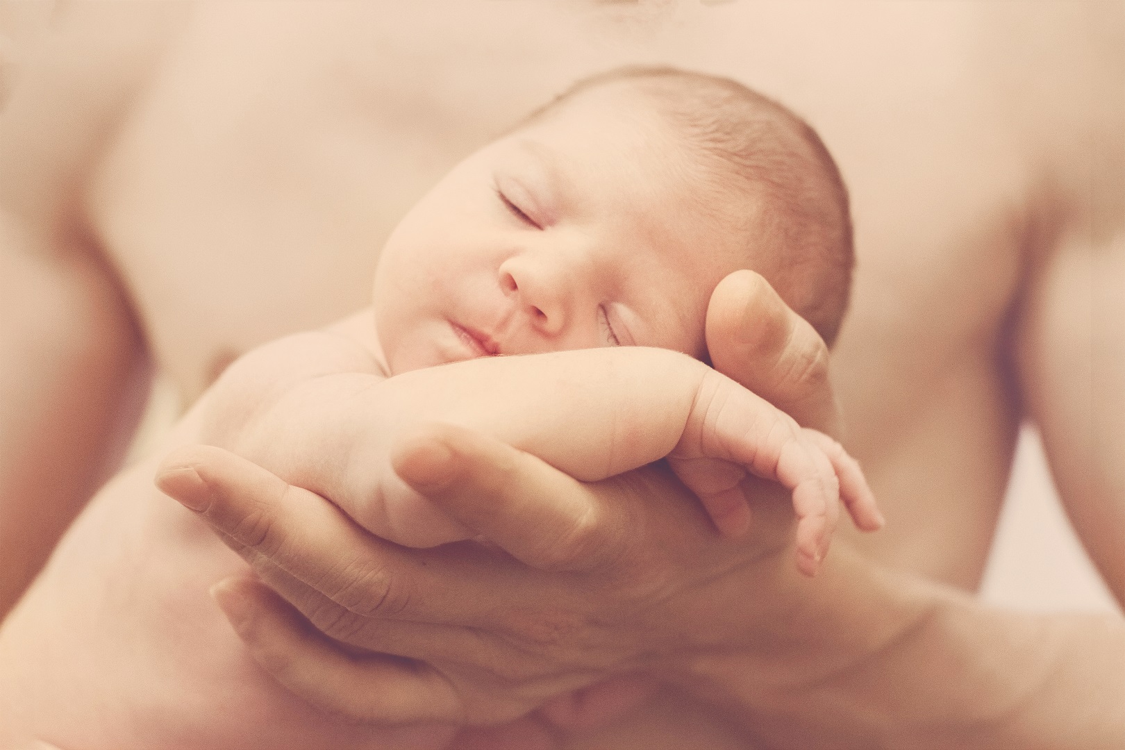 Shirtless Father Holding Newborn Baby In Hands