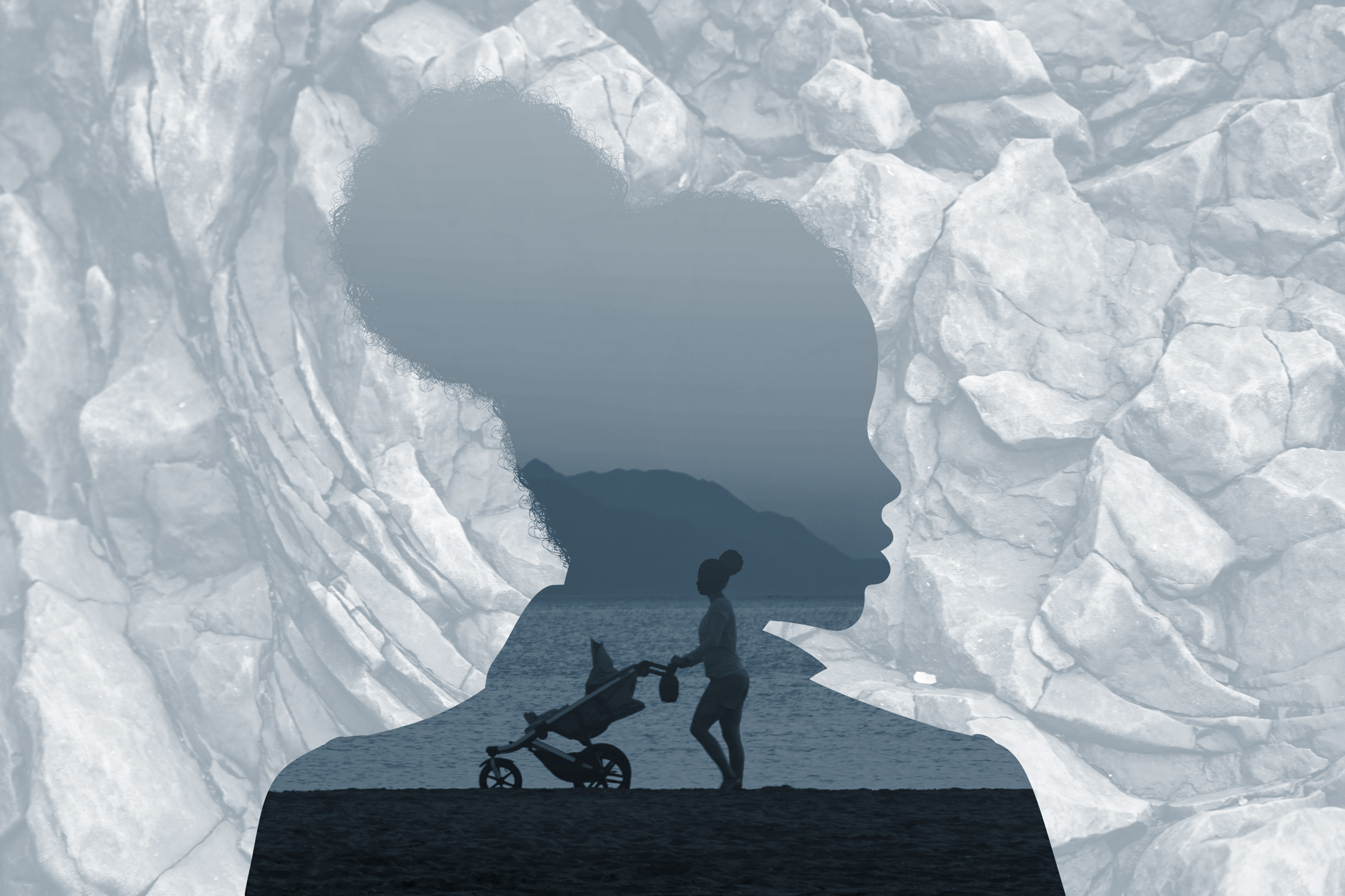 photo illustration of woman's silhouette, woman with stroller on beach, rocks