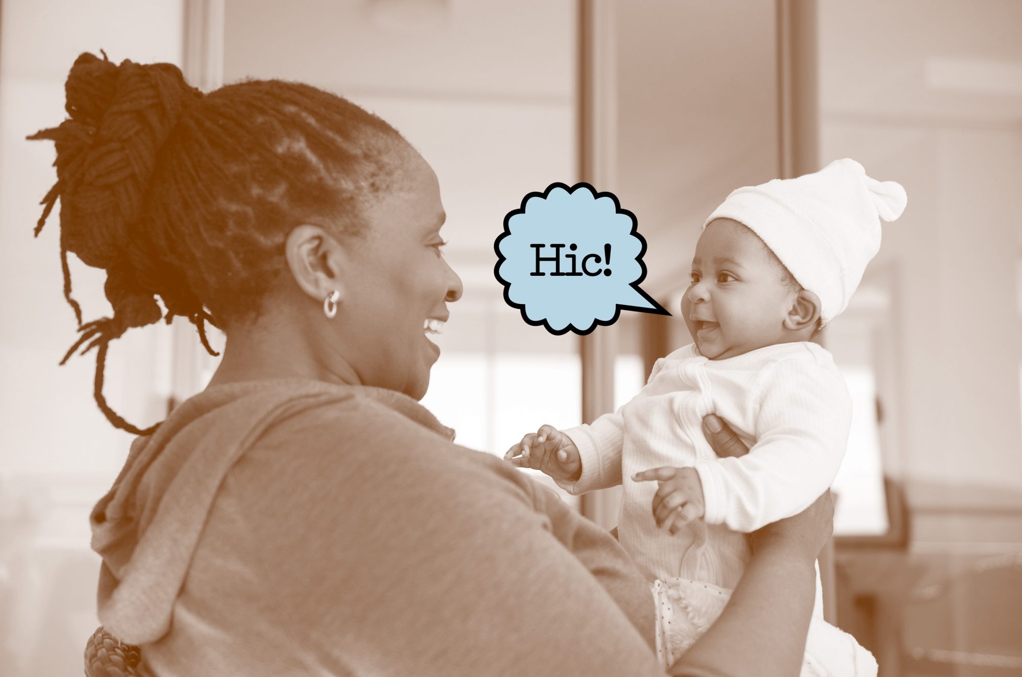 newborn with speech bubble saying "hic"