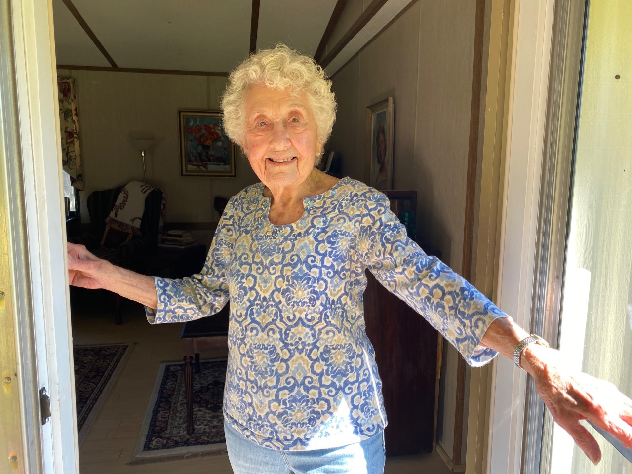 101-year-old Ruth Thompson in the entry of her home