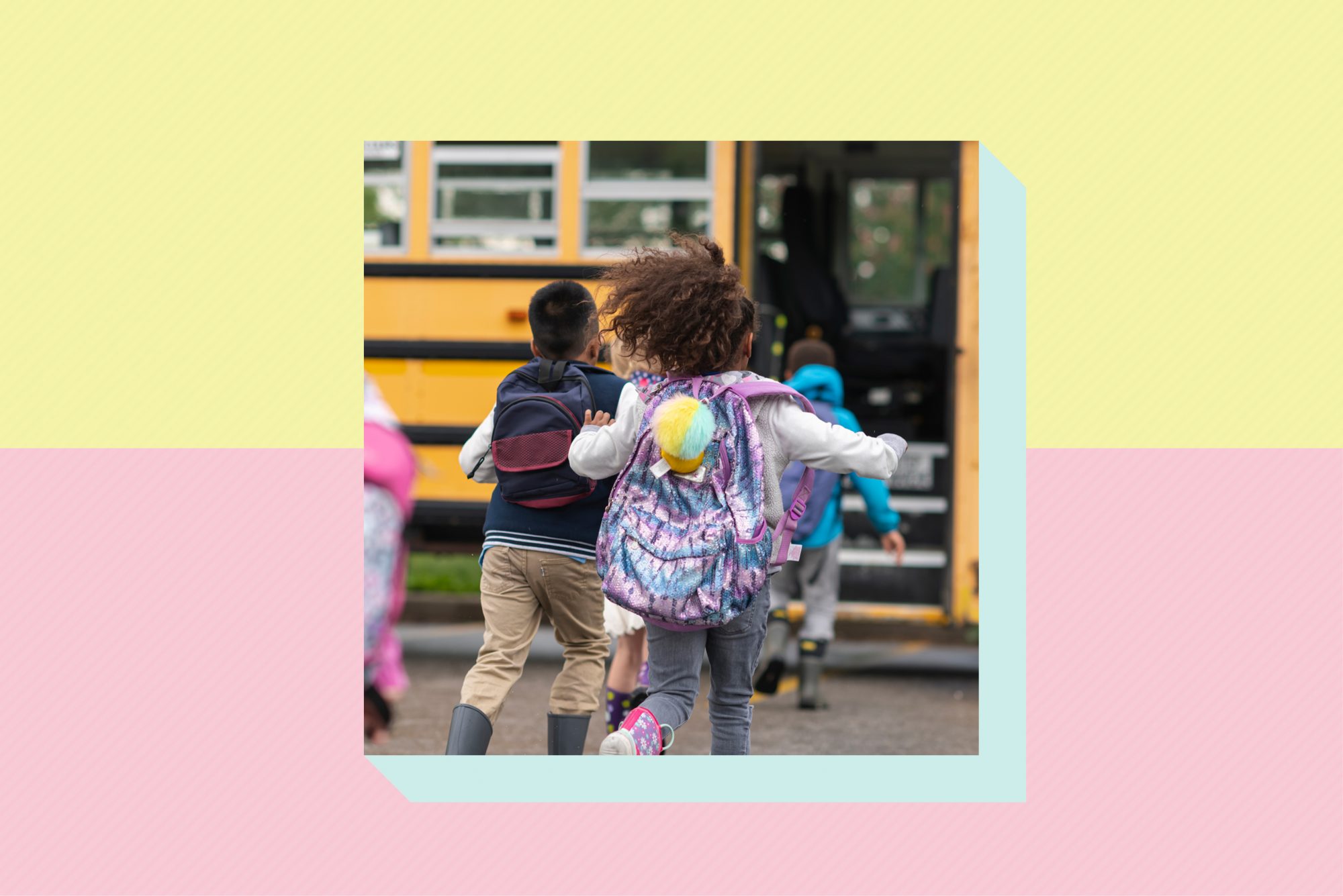 students wearing backpacks running towards school bus