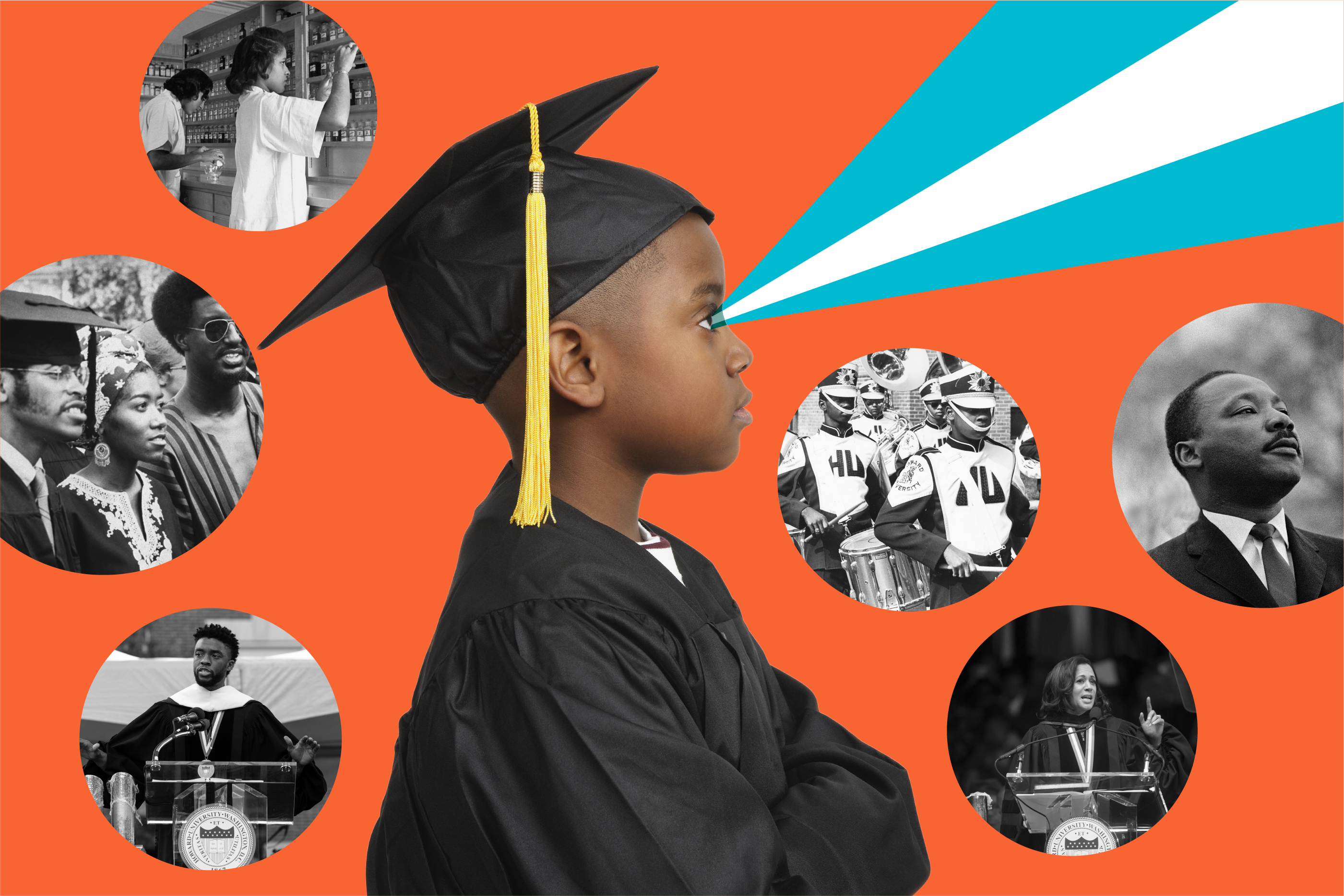 An illustration of a little boy graduating from a HBCU with historical figures and historical images surrounding him.