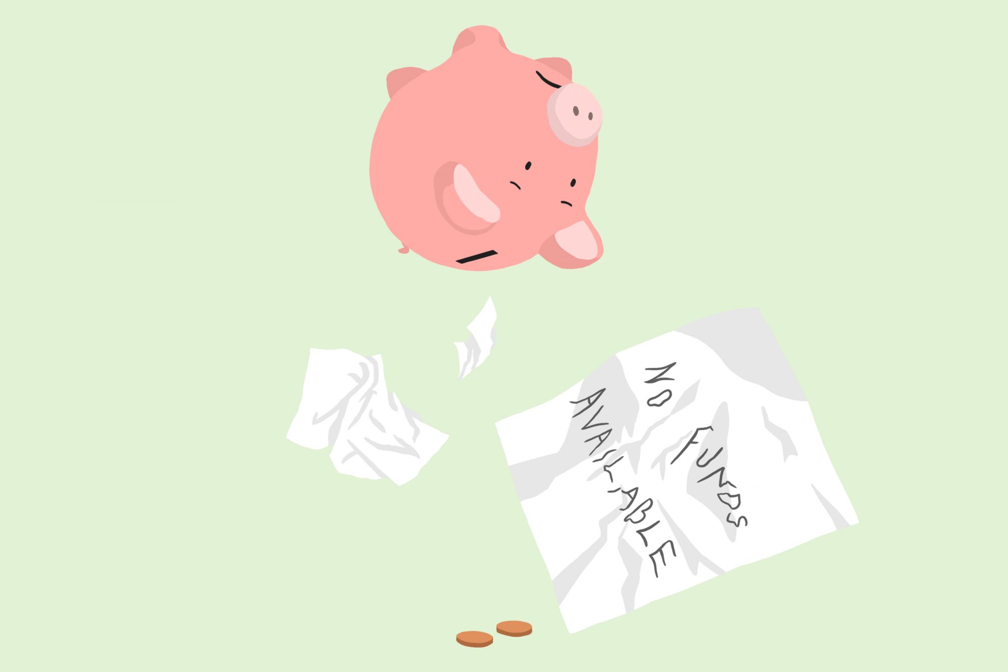 An illustration of a piggy bank with no money in it to pay for college tuition because of a strike.