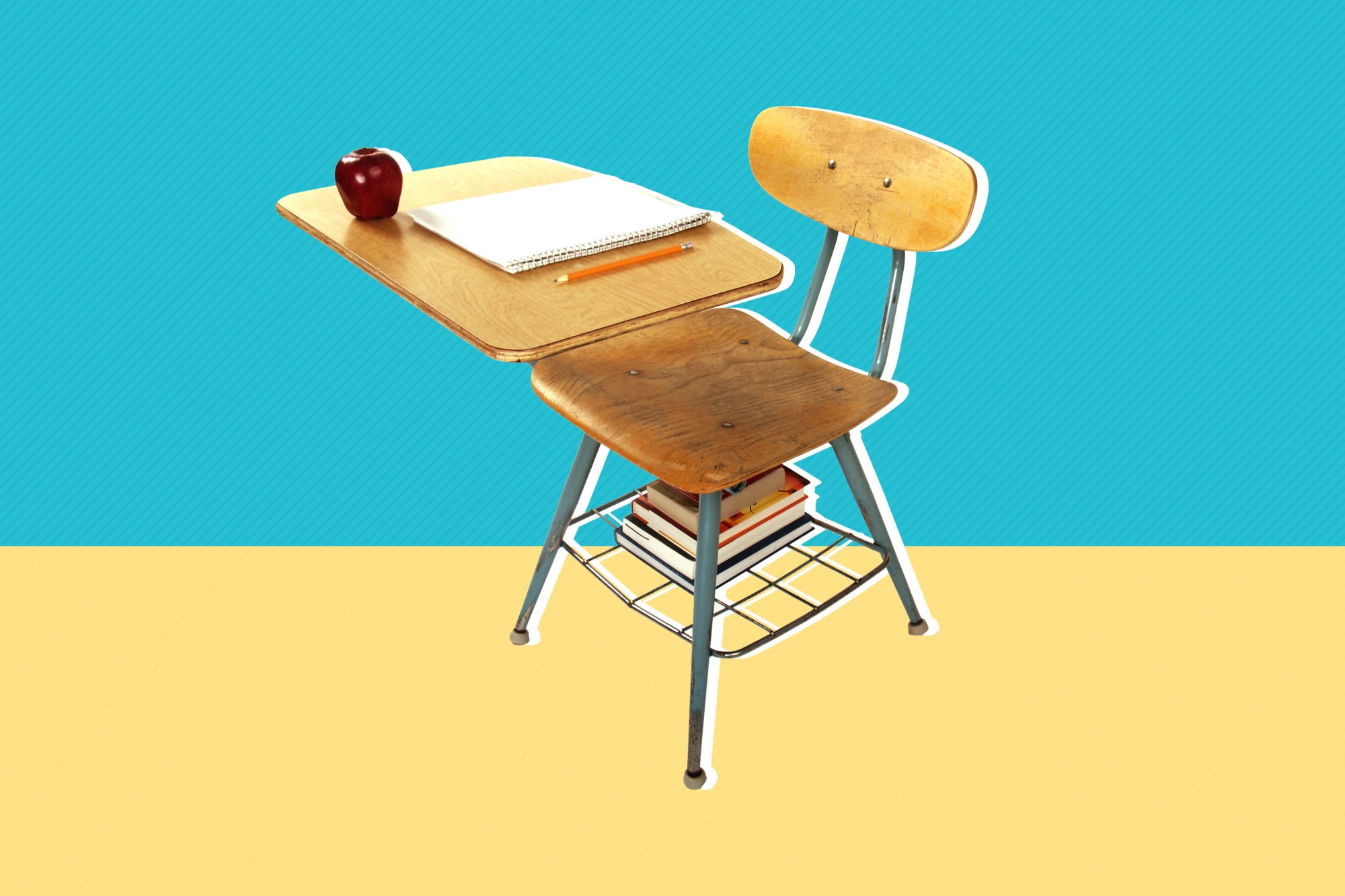 school desk on colored background