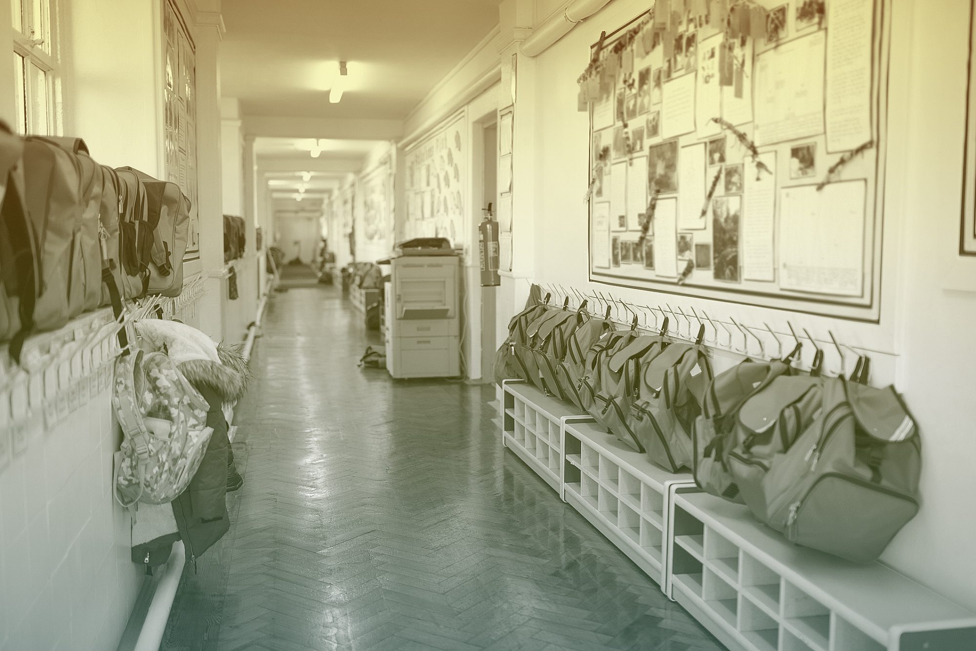 Elementary School Corridor with backpacks hung up on wall